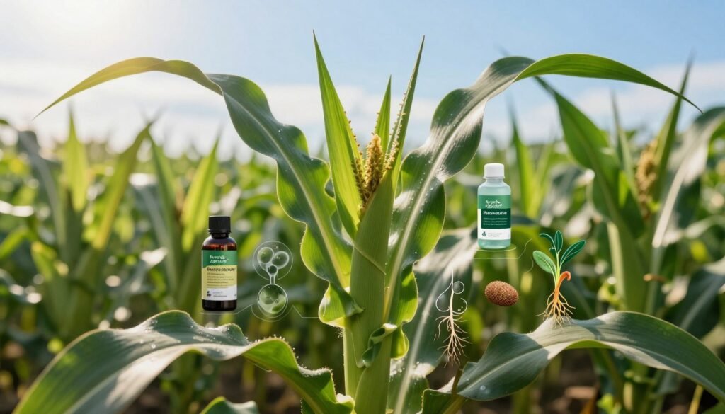 A close-up view of a vibrant maize field, showcasing the intricate workings of biostimulant mechanisms. In the foreground, focus on healthy maize plants with lush green leaves glistening in the sunlight. In the middle ground, illustrate various biostimulant agents—such as microbial organisms and organic compounds—interacting with the plant roots, depicted with subtle graphical overlays showing nutrient uptake processes. The background should feature a clear blue sky with soft, diffused sunlight illuminating the scene, creating a lively atmosphere of growth and vitality. The entire image should evoke a sense of innovation in agriculture, symbolizing the transformative impact of biostimulants on crop health. Incorporate the brand name "Regards Agricole" subtly into the scene, ensuring it blends harmoniously with the environment.