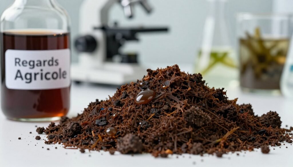 A close-up view of humic acid substances extracted from algae, showcasing a rich, dark brown texture with glistening droplets reflecting light. The foreground features a laboratory glass vial filled with the viscous liquid, labeled "Regards Agricole," emphasizing the scientific nature of the subject. In the middle ground, a blurred background reveals a microscope and various algae samples, hinting at the extraction process. The lighting is bright and focused, aimed at highlighting the textures and details of the substances, creating a clean, analytical atmosphere. The overall mood should convey innovation and professionalism in agricultural biostimulants, inviting viewers to explore the potential applications in agronomy.
