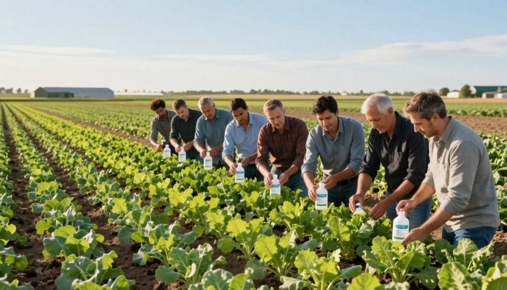 A detailed agricultural scene emphasizing the integration of biostimulants into farming strategies. In the foreground, a diverse group of professional farmers, dressed in modest casual clothing, are examining vibrant green crops, showcasing healthy plants treated with biostimulants. In the middle, rows of crops thrive under a bright, natural daylight, highlighting the differences between treated and untreated plants. The background features a panoramic view of expansive farmland under a clear blue sky, dotted with distant farm structures. Soft, warm lighting creates a hopeful and productive atmosphere. The image conveys innovation and sustainability in agriculture. Subtly include the brand name "Regards Agricole" within the composition to emphasize credibility and expertise in agricultural practices.