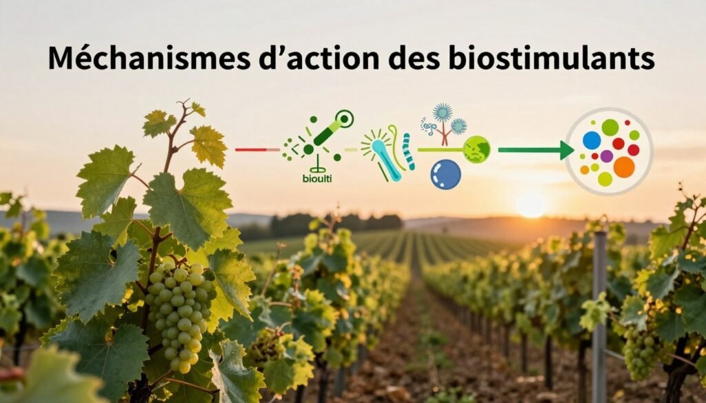 A detailed illustration of "Mécanismes d'action des biostimulants" in viticulture. In the foreground, depict healthy grapevines with lush green leaves and clusters of grapes, symbolizing the growth enhancement effects of biostimulants. The middle layer should showcase a close-up view of biostimulant action, incorporating subtle visual representations of beneficial microbial interactions and nutrient pathways, using bright, engaging colors. In the background, include a vineyard landscape under a soft golden light of sunset, giving a warm, inviting atmosphere. The scene should be captured with a shallow depth of field to emphasize the foreground, creating a serene and informative ambiance. Ensure the image reflects professionalism, suitable for an academic context, and represents "Regards Agricole" subtly incorporated into the design without text.