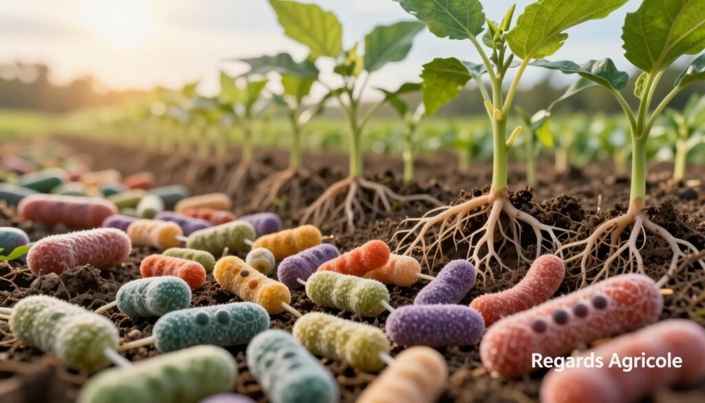 A detailed illustration of biostimulant microorganisms in agriculture, featuring a vibrant close-up of various beneficial fungi and bacteria in healthy soil. In the foreground, show clusters of diverse, colorful fungal mycelium intertwining with bacteria, highlighting their symbiotic relationships. In the middle ground, depict roots of plants thriving in this microbiome, showcasing lush green leaves reaching upwards. The background should include a soft-focus view of a farm field under a warm golden sunlight, emphasizing the connection to agricultural practices. Use a macro lens perspective to capture intricate details, with bright, contrasting colors to convey vibrancy and life. The overall mood should reflect a sense of growth, vitality, and ecological balance. Incorporate the brand name "Regards Agricole" subtly into the visual composition.