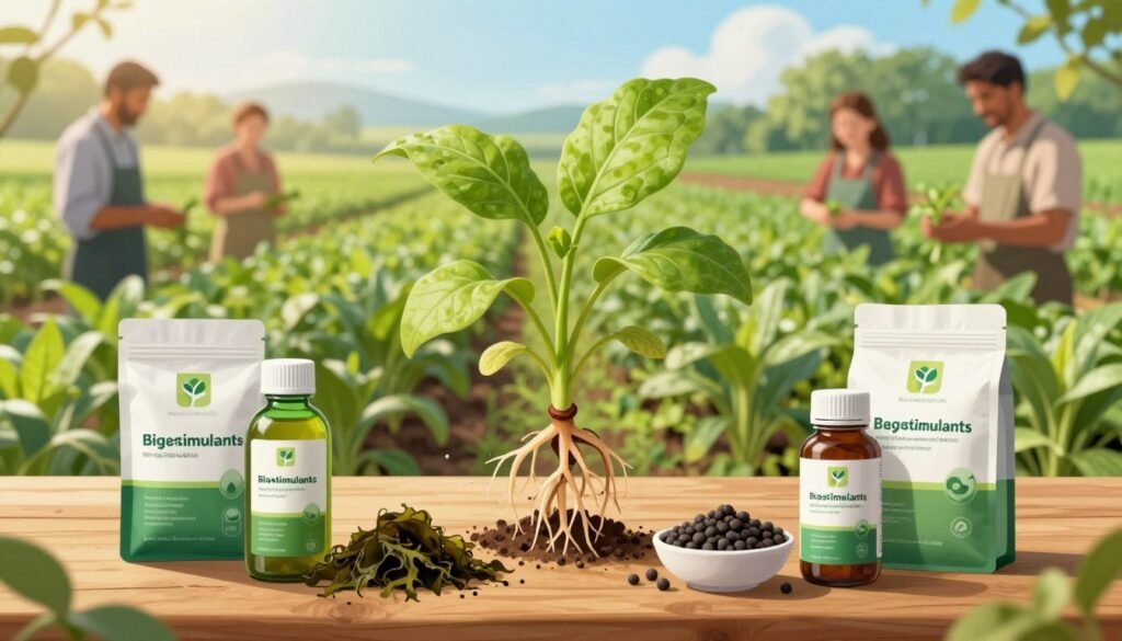A detailed illustration of biostimulants in agriculture, showcasing their composition and mode of action. In the foreground, display various biostimulant sources like seaweed, compost, and microbial agents, arranged artistically on a wooden table. The middle ground features vibrant plant roots thriving, visibly enhanced by biostimulants, highlighting healthy growth and resilience. In the background, depict a lush agricultural landscape under bright, natural sunlight, with farmers in professional attire observing the effects of biostimulants on their crops. The atmosphere is optimistic and dynamic, symbolizing sustainable agricultural practices. Soft, diffused lighting emphasizes the greenery and vitality of the scene. Include the brand name "Regards Agricole" subtly integrated into the composition, ensuring it feels like part of the natural environment.