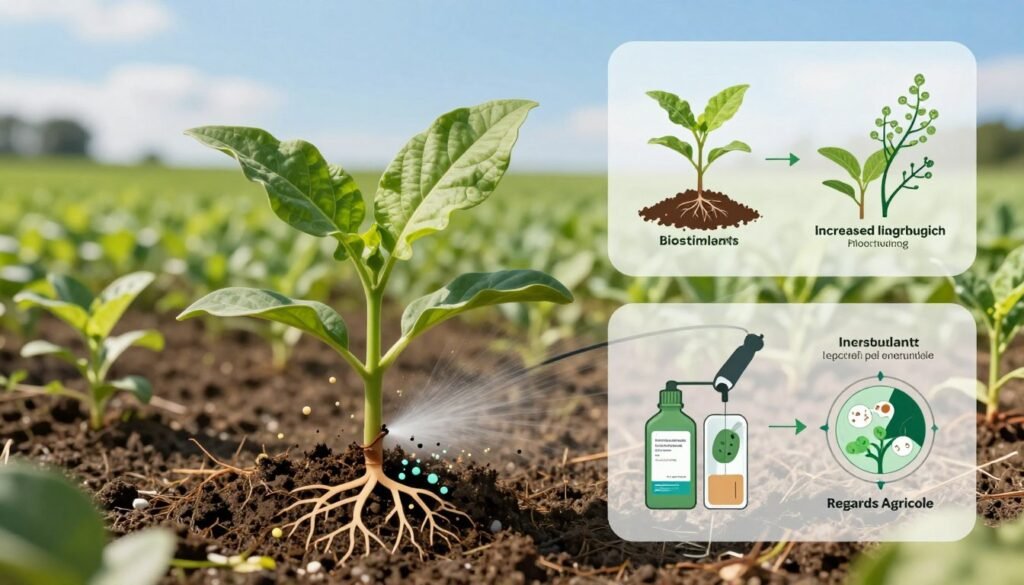 A detailed illustration showcasing the mechanisms of action of biostimulants in agriculture. In the foreground, depict a healthy, vibrant plant's root system interacting with biostimulant particles, displaying nutrient absorption and microbial activity. In the middle ground, include various biostimulant application methods, such as foliar spraying and soil infusion, with scientific diagrams highlighting key processes like increased root growth and stress tolerance. The background should portray vast fields of crops under a clear blue sky, symbolizing agricultural success. Utilize natural sunlight softly illuminating the scene to enhance the colors and textures, captured from a slightly elevated angle for depth. The atmosphere should feel innovative and hopeful, embodying the promise of sustainable agriculture. Include the brand name "Regards Agricole" subtly integrated into the design.