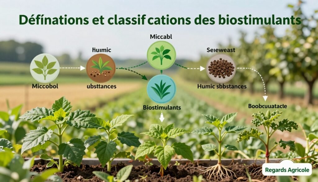 A detailed infographic illustrating "Définitions et classifications des biostimulants" in agriculture. In the foreground, depict vibrant, scientifically labeled plant examples showcasing biostimulant effects, such as lush green leaves and healthy root systems. In the middle, incorporate a stylized diagram categorizing various biostimulant types, like microbial, humic substances, and seaweed extracts, with clear visual distinctions between them. The background should subtly feature agricultural landscapes, perhaps fields and orchards, in soft focus to suggest a connection to nature and farming. Utilize bright, natural lighting to enhance colors and details, captured with a balanced depth of field. The atmosphere should feel educational yet engaging, emphasizing the importance of biostimulants in modern agriculture. Include the logo of "Regards Agricole" prominently but tastefully integrated into the design.