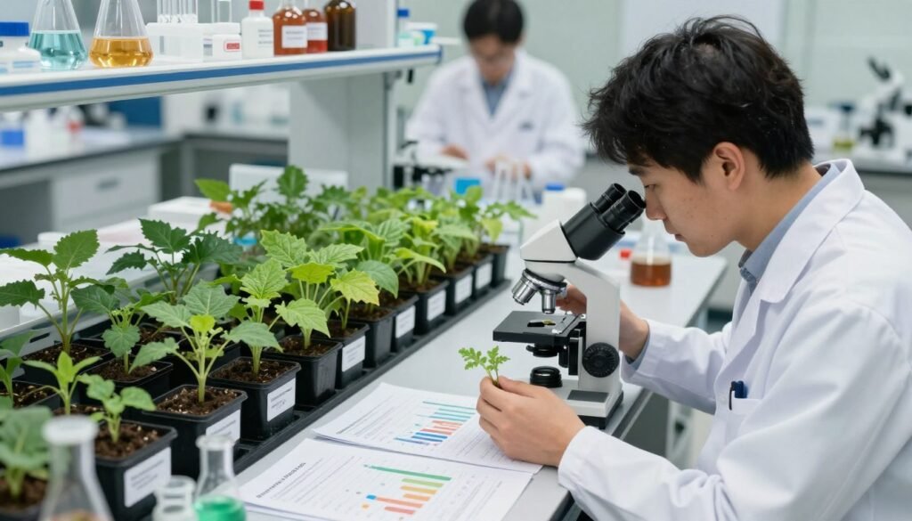 A detailed scientific analysis scene depicting biostimulants in agricultural research. In the foreground, a professional agronomist in a lab coat examines plant samples under a microscope, surrounded by charts and data sheets illustrating yield improvements. The middle ground features carefully arranged potted plants showing vibrant growth, labeled with various biostimulants. In the background, a well-equipped laboratory with shelves of scientific equipment and research literature, bathed in soft, natural light to create a focused yet relaxed atmosphere. The image embodies a sense of innovation and collaboration in agriculture. The setting is bustling with energy but maintains a professional demeanor. Include branding elements of "Regards Agricole" subtly integrated into the lab environment without overt visibility.