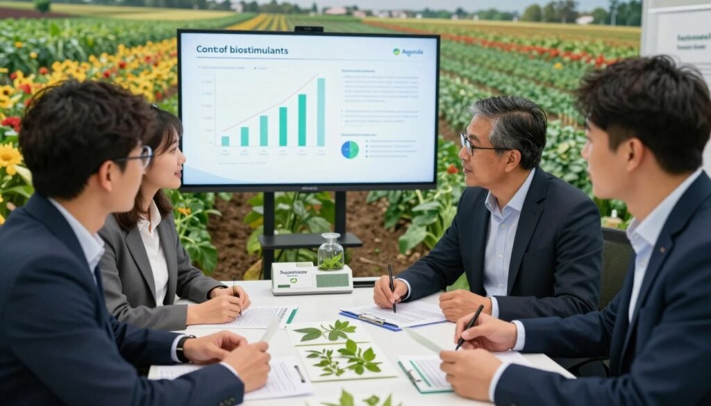 A dynamic and engaging scene depicting the communication around biostimulants in agriculture. In the foreground, a diverse group of three professionals in business attire collaborate over a table filled with plant samples and scientific reports, showcasing their enthusiasm. The middle ground features a digital display showcasing graphics illustrating market trends and benefits of biostimulants. In the background, a farm landscape is visible, with vibrant plants and crops, symbolizing agricultural growth. The lighting is bright and inviting, emphasizing innovation and optimism. The atmosphere should feel collaborative and informative, highlighting the brand name "Regards Agricole" subtly integrated into the display or reports. The camera angle focuses slightly above the table, creating a perspective that includes all elements cohesively.