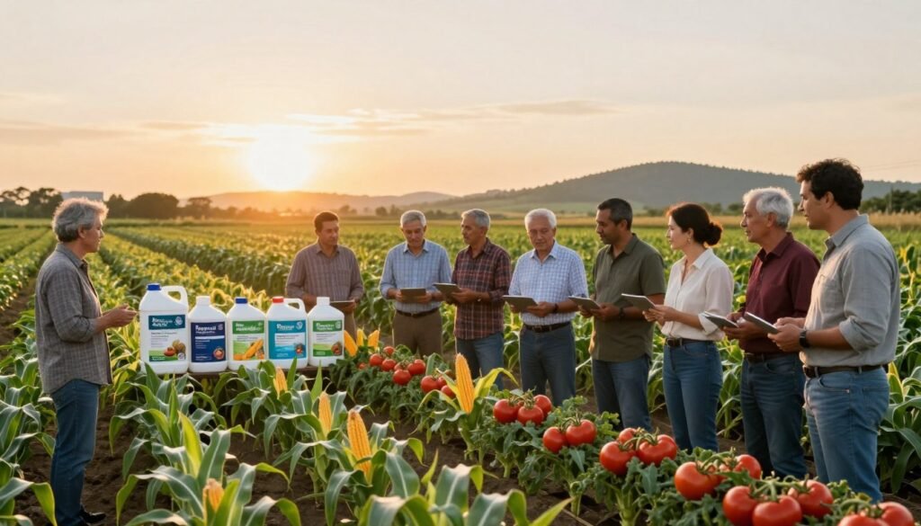 A lush agricultural landscape showcasing the practical applications of biostimulants in farming. In the foreground, a diverse group of farmers, dressed in professional and modest casual attire, is examining vibrant crops, including corn and tomatoes, with visible healthy growth. They are actively discussing the benefits of biostimulants, illustrating collaboration and innovation. The middle ground features rows of healthy plants nourished by an array of biostimulant products, labeled with the brand "Regards Agricole." In the background, the sun sets, casting a warm golden light across the fields, creating a peaceful yet productive atmosphere. A few distant hills accentuate the richness of the landscape, enhancing the theme of sustainability and agricultural advancement. The scene captures a sense of hope and progress in modern agriculture, focusing on biostimulant use.