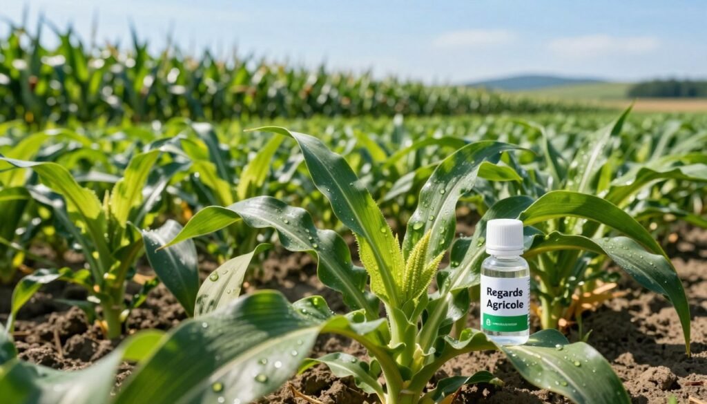 A lush, green field under bright sunlight, showcasing healthy crops with vibrant leaves reflecting the effectiveness of a foliar biostimulant. In the foreground, a small vial labeled "Regards Agricole" with droplets of biostimulant, suggesting precision application. The middle ground features a variety of crops, such as corn and soybeans, exhibiting strong growth and glossy foliage, highlighting the biostimulant's effects. The background shows a clear blue sky and distant rolling hills, creating a serene agricultural landscape. Use soft, natural light to enhance the colors and textures of the plants, captured from a slightly elevated angle for depth. The atmosphere should feel optimistic and filled with vitality, reflecting innovation in agriculture.