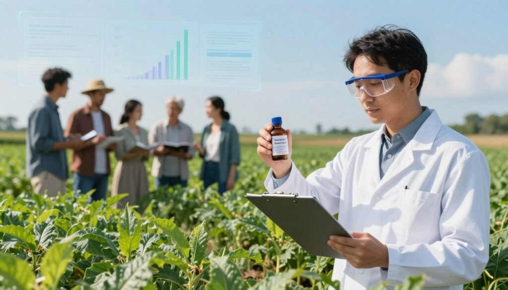 A metaphorical representation of agricultural biostimulants safety and regulations. In the foreground, depict a scientist in professional attire, examining a bottle of biostimulant, with a clipboard and safety goggles, surrounded by lush green crops. In the middle ground, add a diverse group of farmers discussing regulations, with a backdrop of a digital overlay of graphs and safety labels, suggesting compliance and innovation. The background should feature a clear blue sky above rolling fields, symbolizing a safe and healthy agricultural environment. Use soft, natural lighting to create an optimistic and professional atmosphere. Emphasize the branding "Regards Agricole" subtly within the scene, perhaps on the clipboard that the scientist is holding.