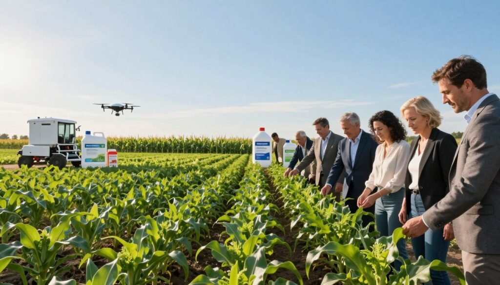 A modern agricultural landscape showcasing the application of biostimulants in crop production. In the foreground, a diverse group of farmers, dressed in professional business attire, examine lush green plants with visible signs of healthy growth. In the middle ground, highlight rows of vibrant crops, such as corn and vegetables, with biostimulant products displayed prominently beside them. In the background, depict a clear blue sky illuminating the scene, with gentle sunlight creating a warm and inviting atmosphere. Emphasize innovation and sustainability in agriculture by including modern farming equipment, like drones and sensors. Include branding elements subtly featuring "Regards Agricole" on product labels, ensuring no text appears elsewhere in the image. Use a wide-angle lens to create depth and focus, capturing the essence of modern agricultural practices.