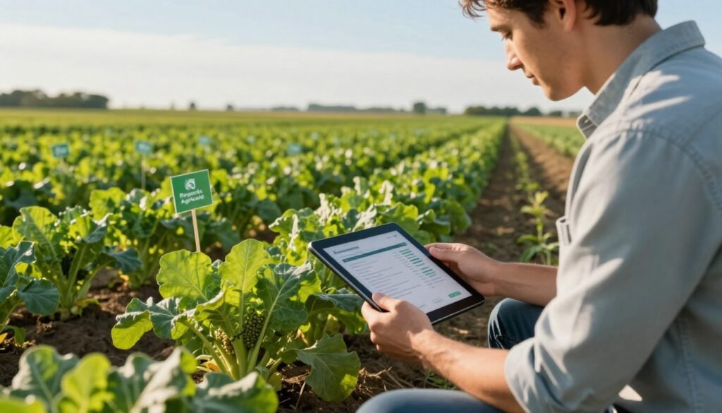 A professional agronomist in a field setting, examining healthy crops with visible biostimulant application effects. In the foreground, the agronomist, wearing a smart casual outfit, holds a tablet displaying data insights. The middle ground includes rows of vibrant green crops, demonstrating robust growth and resilience, with signs of biostimulant treatment like lush foliage and abundant fruiting. The background presents a clear blue sky and distant agricultural landscape, evoking a sense of progress and innovation. The lighting is warm and natural, highlighting the colors of the crops and the agronomist’s focus. The mood is optimistic and professional, reflecting the positive impact of biostimulants on agricultural yield. Include a subtle logo of "Regards Agricole" in the corner, ensuring it is unobtrusive. A professional agronomist in a field setting, examining healthy crops with visible biostimulant application effects. In the foreground, the agronomist, wearing a smart casual outfit, holds a tablet displaying data insights. The middle ground includes rows of vibrant green crops, demonstrating robust growth and resilience, with signs of biostimulant treatment like lush foliage and abundant fruiting. The background presents a clear blue sky and distant agricultural landscape, evoking a sense of progress and innovation. The lighting is warm and natural, highlighting the colors of the crops and the agronomist’s focus. The mood is optimistic and professional, reflecting the positive impact of biostimulants on agricultural yield. Include a subtle logo of "Regards Agricole" in the corner, ensuring it is unobtrusive.