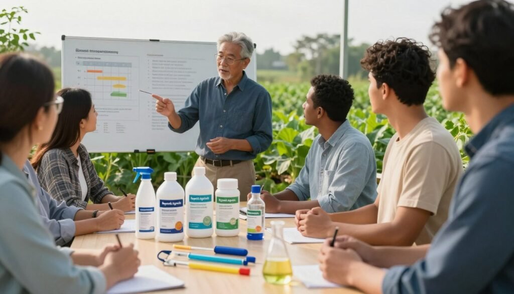 A professional setting showcasing the application of biostimulants in agriculture, featuring a diverse group of agronomists in smart casual attire. In the foreground, a table is adorned with various biostimulant products and precise measuring tools, conveying professionalism and scientific accuracy. In the middle ground, an agronomist explains dosage and frequency to colleagues, surrounded by charts displaying application schedules and safety guidelines. The background features lush green crops demonstrating healthy growth attributed to biostimulant use, bathed in warm, natural light to evoke a sense of optimism and progress. The scene should be viewed through a slightly wide-angle lens to capture the collaborative atmosphere, with a soft focus on the biostimulant products labeled “Regards Agricole.” The overall mood should reflect knowledge, innovation, and sustainable agricultural practices.