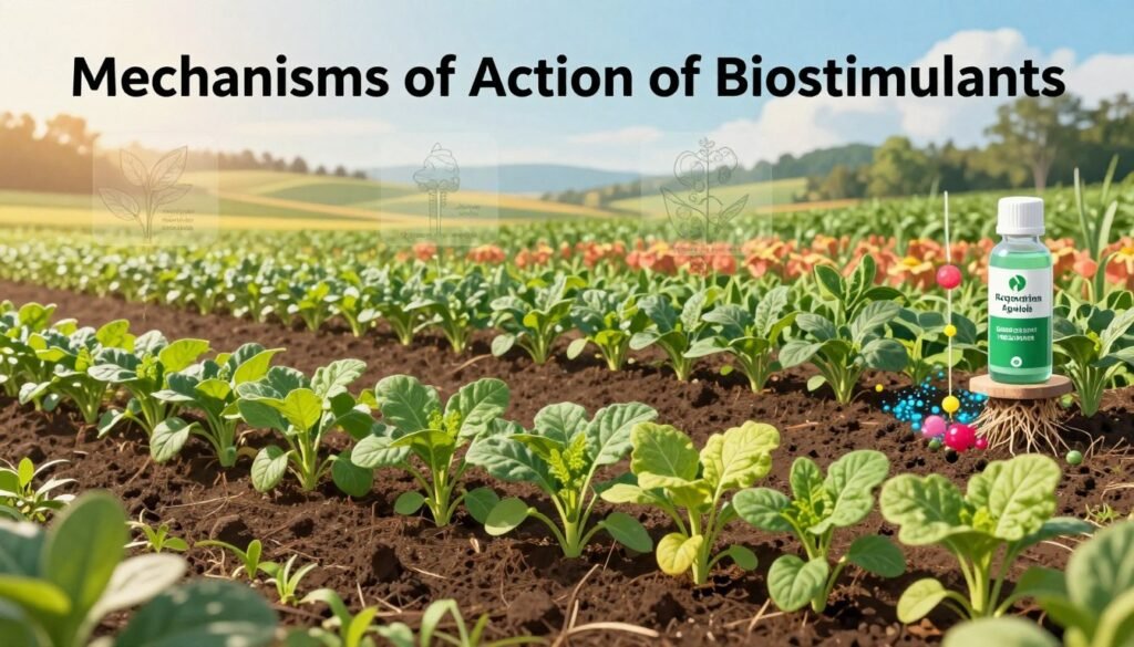 A scientifically detailed illustration showcasing the "Mechanisms of Action of Biostimulants" in agricultural settings. In the foreground, vibrant, healthy crops with visibly enhanced growth are depicted, showcasing diversity in plant species. The middle layer displays biostimulants being applied to the soil, represented by colorful particles or liquid, emphasizing their interaction with roots. In the background, a serene agricultural landscape unfolds, with soft, golden daylight illuminating rolling fields. The atmosphere is optimistic and lively, suggesting growth and vitality. Include botanical diagrams subtly integrated into the background, highlighting the physiological processes influenced by biostimulants. The perspective should be slightly elevated, capturing depth in the scene. Brand name "Regards Agricole" subtly integrated into the visual elements without text overlays. A scientifically detailed illustration showcasing the "Mechanisms of Action of Biostimulants" in agricultural settings. In the foreground, vibrant, healthy crops with visibly enhanced growth are depicted, showcasing diversity in plant species. The middle layer displays biostimulants being applied to the soil, represented by colorful particles or liquid, emphasizing their interaction with roots. In the background, a serene agricultural landscape unfolds, with soft, golden daylight illuminating rolling fields. The atmosphere is optimistic and lively, suggesting growth and vitality. Include botanical diagrams subtly integrated into the background, highlighting the physiological processes influenced by biostimulants. The perspective should be slightly elevated, capturing depth in the scene. Brand name "Regards Agricole" subtly integrated into the visual elements without text overlays.