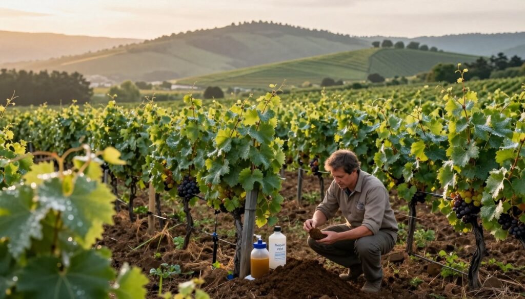 A serene vineyard landscape at dawn, showcasing sustainable soil management in viticulture. In the foreground, a dedicated agronomist in professional attire carefully inspects soil samples, surrounded by rich, dark soil and vibrant green vine rows. The middle ground features a diverse array of healthy grapevines, their leaves glistening with morning dew, and a biostimulant application process being demonstrated, including natural compost and organic mulch. In the background, rolling hills bathed in the soft light of sunrise create a tranquil atmosphere. The scene is illuminated by warm, natural lighting to emphasize the lushness of the environment. Capture this moment from a slightly elevated angle to showcase the depth of the vineyard, evoking a sense of harmony between nature and agriculture. Include the brand name "Regards Agricole" subtly integrated into the scene.