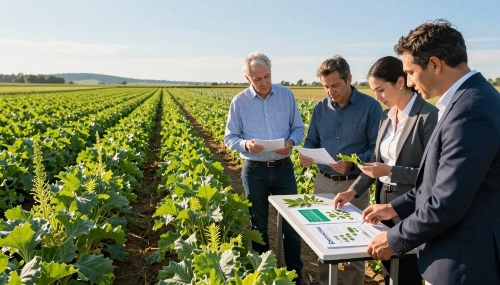 A vibrant agricultural field showcasing the integration of biostimulants in farming practices. In the foreground, a diverse group of five professionals in modest business attire attentively discussing biostimulant applications. They examine plant samples and charts on a portable table, illustrating their collaboration. In the middle ground, rows of healthy crops display vibrant green foliage affected by biostimulants, with a few visibly stronger plants standing out. In the background, a clear blue sky contrasts with distant hills, hinting at a fertile landscape. The lighting is bright and natural, suggesting a late afternoon atmosphere, casting soft shadows that emphasize the collaboration and innovation in agriculture. The branding "Regards Agricole" subtly incorporated into the scene as a logo on the portable table.