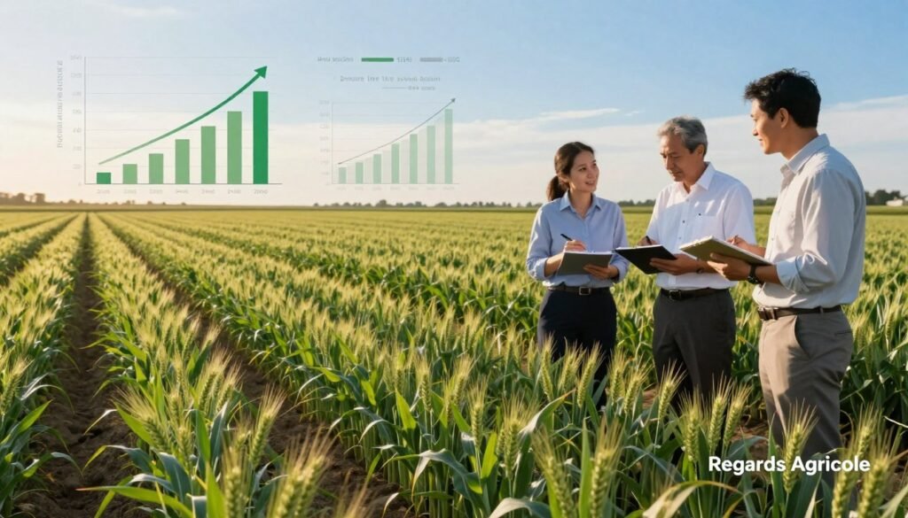 A vibrant agricultural landscape showcasing the advantages of biostimulant agriculture. In the foreground, sections of lush green crops, such as wheat and corn, visibly thriving with enhanced growth and vitality. Farmers in professional business attire are inspecting plants, exchanging ideas, and taking notes, embodying collaboration and expertise. The middle ground features rows of healthy crops, dotted with growth charts and graphical representations indicating increased yields. In the background, a clear blue sky with soft, warm sunlight illuminating the scene, creating an optimistic and productive atmosphere. The overall mood reflects innovation and sustainability, emphasizing the benefits of biostimulants in agriculture. Include branding subtly as "Regards Agricole" in the corner of the image.