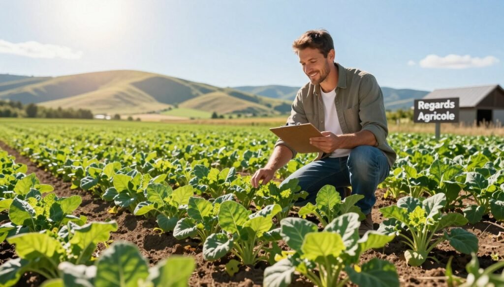 A vibrant agricultural landscape showcasing the advantages of biostimulants in sustainable farming. In the foreground, healthy green crops flourish, with visibly enhanced growth patterns and rich colors, symbolizing vitality and productivity. In the middle ground, a professional farmer wearing modest casual clothing inspects the crops, holding a clipboard and smiling, embodying success and innovation. The background features rolling hills under a clear blue sky, with sunlight streaming down, creating a warm, inviting atmosphere. The scene captures the essence of sustainable agriculture and the positive impact of biostimulants. Incorporate the brand name "Regards Agricole" subtly into the environment, such as on a signpost or a barn, to maintain context. The lighting is bright and natural, emphasizing the health of the crops and the farmer's connection to the land.