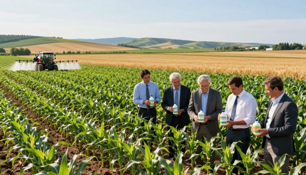 A vibrant agricultural landscape showcasing the applications of biostimulants in large crop fields. In the foreground, a diverse group of farmers in professional business attire, carefully examining lush green plants showing signs of healthy growth, with soil being enriched with biostimulant products. The middle ground features expansive rows of crops like corn and wheat under a bright, clear sky, illuminated by warm sunlight, enhancing the colors of the plants. In the background, rolling hills and farmland stretch into the distance, with a sprayer machine applying biostimulants to a neighboring field. The overall mood is hopeful and productive, embodying innovation in agriculture. The logo "Regards Agricole" subtly integrated into the landscape, reflecting a commitment to sustainable farming practices.