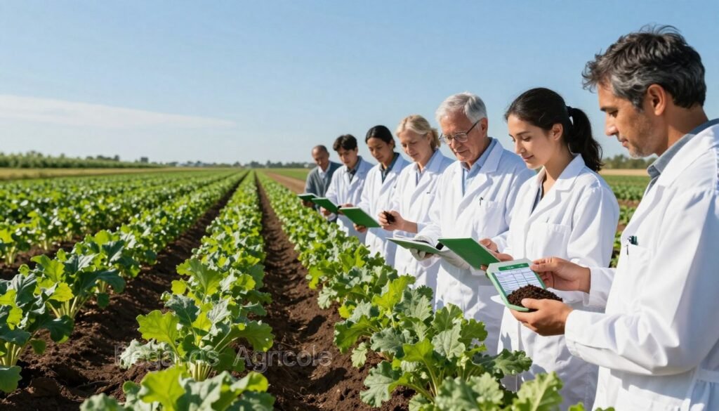 A vibrant agricultural landscape showcasing the integration of biostimulants in crop management. In the foreground, a diverse group of agricultural scientists in professional attire examines lush green crops, holding soil samples and tablets displaying data. The middle ground features rows of healthy crops with rich, dark soil, symbolizing optimal growth. In the background, a clear blue sky enhances the bright sunlight, casting dynamic shadows that illustrate the vitality of the fields. The atmosphere is one of innovation and hope, emphasizing the importance of biostimulants in sustainable agriculture. The brand name "Regards Agricole" is subtly integrated into the scene, complementing the overall focus on agricultural advancement and resilience in the face of water stress.