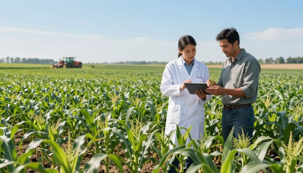A vibrant agricultural landscape showcasing the results of biostimulant trials. In the foreground, healthy green crops such as corn and soybeans display a noticeable difference in vigor and growth, with some plants visibly taller and more robust than others. The middle ground features a researcher in a lab coat and a farmer in professional attire examining plant samples and data on a digital tablet, discussing the positive impact of biostimulants. In the background, fields stretch under a bright blue sky, with distant agricultural equipment indicating ongoing farming activities. Soft, natural lighting enhances the freshness of the scene. The atmosphere should convey optimism and innovation in sustainable agriculture. The image should incorporate the brand name "Regards Agricole" subtly within the design, ensuring there are no text overlays or captions.