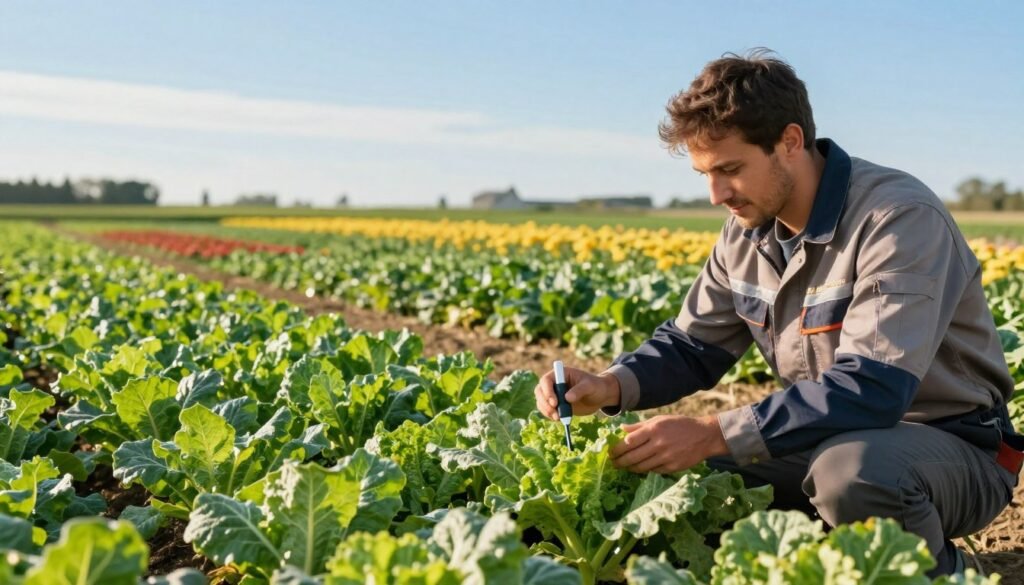 A vibrant agricultural scene showcasing the practical applications of biostimulants in farming. In the foreground, a farmer in professional work attire examines lush green crops, using advanced tools to evaluate plant health. The middle ground features a variety of crops, including rows of healthy vegetables and flowering plants, demonstrating the beneficial effects of biostimulants. The background showcases a clear blue sky with gentle sunlight illuminating the field, enhancing the colors of the plants. Soft shadows create depth and emphasize the vitality of the crops. The overall mood is hopeful and productive, symbolizing innovation in agronomy. Include the brand "Regards Agricole" subtly integrated into the agricultural landscape, emphasizing its commitment to sustainable practices.