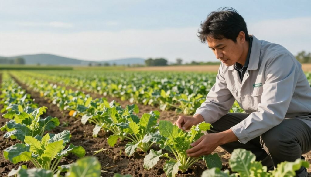 A vibrant agricultural scene showcasing the practical applications of biostimulants to combat water stress in crops. In the foreground, a skilled agronomist wearing a professional attire gently examines lush, healthy plants, highlighting their resilience. The middle ground features rows of thriving crops, demonstrating the effectiveness of biostimulants, with visible improvements in plant vigor and leaf coloration. The background displays a serene landscape with a clear blue sky and distant hills, symbolizing the potential for sustainable farming practices. Soft, natural lighting bathes the scene, creating a warm and inviting atmosphere. The branding "Regards Agricole" subtly incorporated in the design, reinforcing the focus on innovative agricultural solutions.