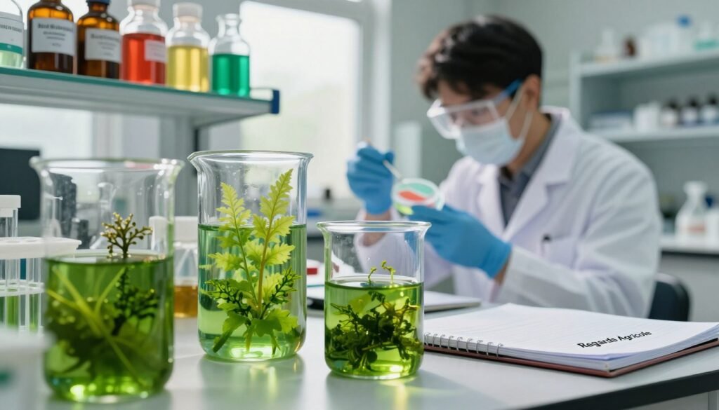 A vibrant and detailed close-up of a laboratory scene showcasing organic biostimulants derived from plants and algae. In the foreground, there are glass beakers filled with rich, green nutrient solutions, alongside sprigs of various algae and plant samples. The middle ground features a scientist in professional attire, attentively examining a petri dish under a bright laboratory light, emphasizing innovation and research. In the background, shelves lined with labeled plant extracts and colorful algae cultures create a dynamic environment, symbolizing the diversity of biostimulants. Soft, natural light filters through a window, casting gentle shadows that enhance the inviting atmosphere of discovery. The brand name "Regards Agricole" is integrated into the scene, subtly represented on a lab notebook, evoking a sense of professionalism and dedication to agricultural advancements.