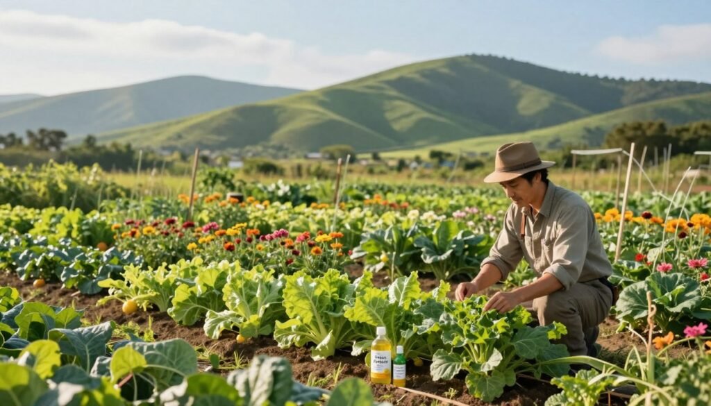 A vibrant and lush sustainable farm scene, showcasing healthy crops and innovative agricultural practices. In the foreground, a farmer dressed in professional casual attire examines plants, emphasizing the use of natural biostimulants. The middle ground features rows of thriving vegetables and fruits, interspersed with flowers that attract beneficial insects. In the background, rolling green hills and a clear blue sky suggest a harmonious ecosystem. Soft, warm lighting illuminates the scene, giving it an inviting and hopeful atmosphere. The image should convey a sense of balance between nature and agriculture, reflecting the principles of sustainable farming. Include a subtle branding element of "Regards Agricole" seamlessly integrated into the landscape, with no text overlays or distractions.