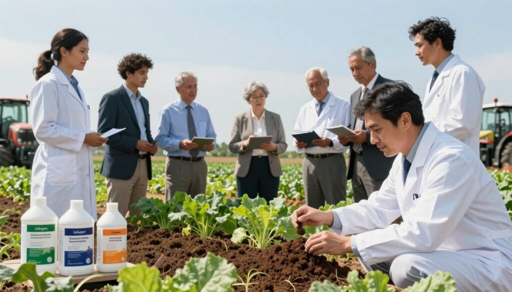A vibrant, detailed image depicting innovative fertilization practices in agriculture, showcasing a diverse group of agricultural scientists and experts in professional attire, engaged in a discussion in a field. In the foreground, a soil scientist examines soil samples, with biostimulants and organic fertilizers displayed next to her. The middle ground features them surrounded by lush, healthy crops demonstrating the impact of these practices, while the background shows a clear blue sky and modern agricultural machinery. Soft, natural lighting enhances the lively atmosphere, conveying a sense of collaboration and progress. The scene represents the balance between nature and science, encapsulating the theme of "Regards Agricole" and innovative agricultural solutions.