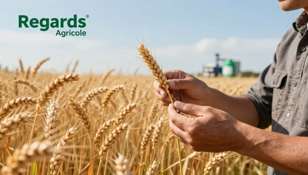 A vibrant field of golden wheat, showcasing lush and healthy growth, illuminated by warm sunlight in a clear blue sky. In the foreground, a close-up of a farmer in professional attire inspecting the wheat heads, highlighting their quality and plumpness as a symbol of enhanced yield. In the middle ground, an array of healthy wheat stalks swaying gently in the breeze, signifying the benefits of biostimulants on crop quality. In the background, subtle hints of agricultural technology and biostimulant products can be seen, emphasizing their role in sustainable farming practices. The image reflects a positive and hopeful atmosphere, symbolizing innovation in agriculture, with the branding "Regards Agricole" prominently displayed in an elegant, unobtrusive manner.