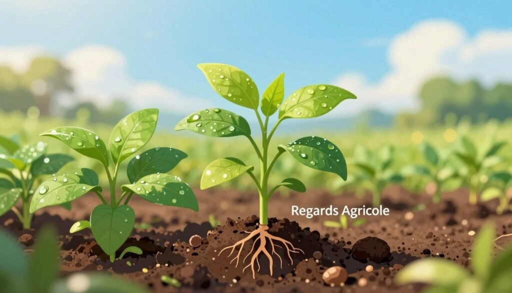A vibrant illustration showcasing the role of copper and manganese in plant health, focusing on lush green crops in the foreground, their leaves glistening with morning dew. In the middle ground, place a close-up of healthy plant roots enriched with integrated soil nutrients, highlighting copper and manganese particles. The background should feature a soft-focus agricultural landscape under a bright, clear blue sky, emphasizing a sunny day that conveys vitality and growth. Use warm, natural lighting to enhance the freshness and overall health of the plants. The image should evoke a sense of harmony and productivity in agriculture. The brand name "Regards Agricole" subtly integrated into the design, ensuring no text or watermarks distract from the visual focus.