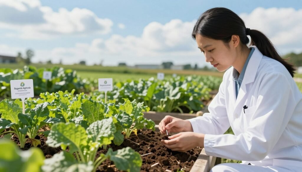 A vibrant outdoor scene illustrating an investigation into biostimulants, focused on worm composting. In the foreground, a professional researcher in a white lab coat studies soil samples alongside vibrant, green plants. The middle ground features lush rows of crops thriving in healthy earth, with labels on biostimulant products visible. The background showcases a bright blue sky with fluffy clouds, reflecting a pleasant day. Utilize soft natural lighting, with sunlight casting gentle shadows, creating a warm and inviting atmosphere. The image should evoke a sense of optimism and curiosity about agricultural innovation. Include the logo "Regards Agricole" subtly in the design, ensuring it blends seamlessly into the scene without dominating the composition.