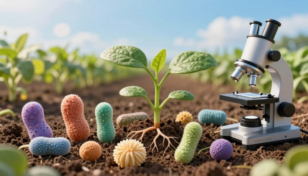 A vibrant, scientifically accurate illustration showcasing micro-organisms and trace elements as biostimulants in agriculture. In the foreground, visualize various types of microbes under a microscope, detailed with colorful shapes and textures, symbolizing their interaction with plant roots. The middle layer features a lush green plant thriving in nutrient-rich soil, emphasizing the beneficial effects of these microbes. In the background, a soft focus on a sunny agricultural landscape, with healthy crops and a clear blue sky, conveys an atmosphere of growth and vitality. Use natural lighting to highlight the details, with a macro lens effect for the foreground microbes, ensuring an engaging and educational composition. The brand "Regards Agricole" subtly integrated into the soil texture, enhancing the theme without overshadowing the visual elements.
