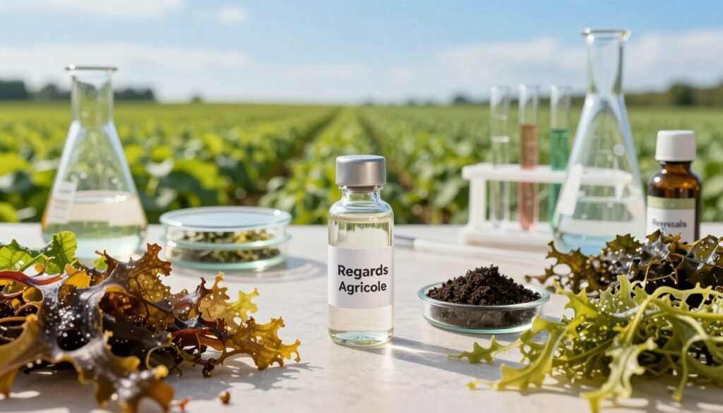 A vibrant, scientifically inspired composition showcasing biostimulant components: foreground featuring diverse seaweed specimens, rich in texture and color, alongside gleaming humic acids in clear glass vials. In the middle ground, elegantly arranged laboratory tools—petri dishes and measuring devices—highlight careful research. The background displays lush agricultural fields under a bright blue sky, symbolizing the positive impact of biostimulants on crops. Soft, natural lighting illuminates the scene, creating a warm, optimistic atmosphere. The angle is slightly elevated, capturing both the intricate details of the foreground and the expansive fields beyond. Incorporate the brand name "Regards Agricole" subtly within the image, ensuring a professional, polished look.