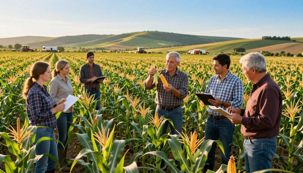 A vibrant, sunlit cornfield during the golden hour, showcasing lush green maize plants in uniform rows, reflecting successful agricultural practices. In the foreground, a group of farmers in professional attire, engaged in a lively discussion about maize cultivation, showcasing their tools and samples of healthy crops. In the middle ground, a farmer examining a corn ear with a satisfied expression, while another takes notes on a clipboard. The background features rolling hills, revealing a picturesque rural landscape, dotted with farm equipment and a clear blue sky. The scene conveys a mood of collaboration and optimism, emphasizing the impact of biostimulants on crop growth. The branding "Regards Agricole" subtly integrated in the visual elements without text overlays.