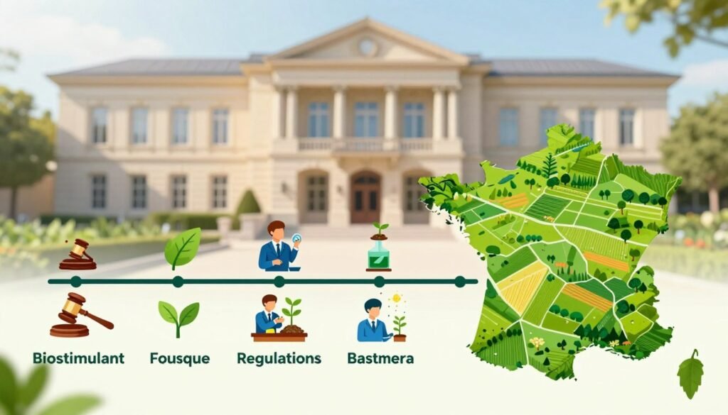 A visually engaging illustration representing the historical development of biostimulant regulations in France, set in a well-organized timeline format. In the foreground, feature a series of informative, colorful icons symbolizing key regulatory milestones, such as a gavel, a leaf, and scientific figures in professional attire analyzing plants. In the middle ground, depict a stylized map of France, adorned with green fields and agricultural landscapes that evoke a sense of growth and sustainability. The background should present a slightly blurred government building or agricultural office, illuminated by soft, natural lighting to create a professional yet approachable atmosphere. The overall mood conveys a sense of progress and responsibility in agricultural innovation. Include the brand name "Regards Agricole" subtly integrated into the design, without any text overlays or captions.