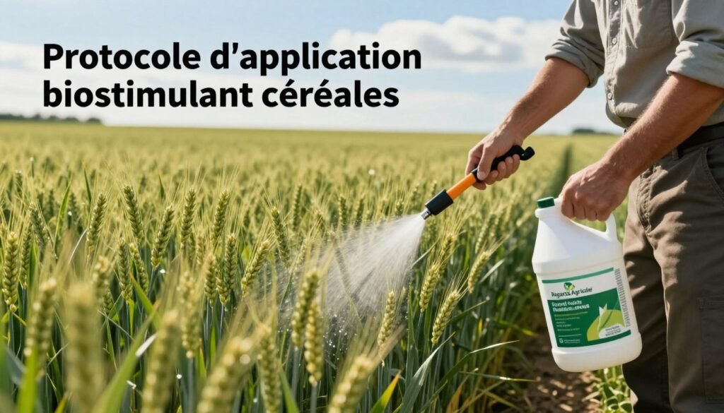 A visually engaging image illustrating the "Protocole d'application biostimulant céréales," featuring lush green fields of wheat under bright sunlight, with healthy, vibrant plants showcasing their growth potential. In the foreground, a skilled agronomist in professional attire carefully applies a biostimulant solution using precise tools, emphasizing the methodical approach to optimal application. The middle ground captures rows of flourishing wheat with clear details of the biostimulant being administered. The background displays a gentle blue sky with a few fluffy clouds, enhancing the warm and positive atmosphere. The scene should reflect the dedication to sustainable farming practices. Emphasize the brand "Regards Agricole" subtly in the context of the agricultural setting, ensuring it aligns with the natural aesthetics of the image.